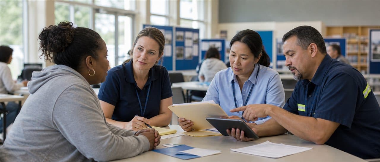 Illustrative scene of a resident reviewing recovery paperwork with recovery-center staff